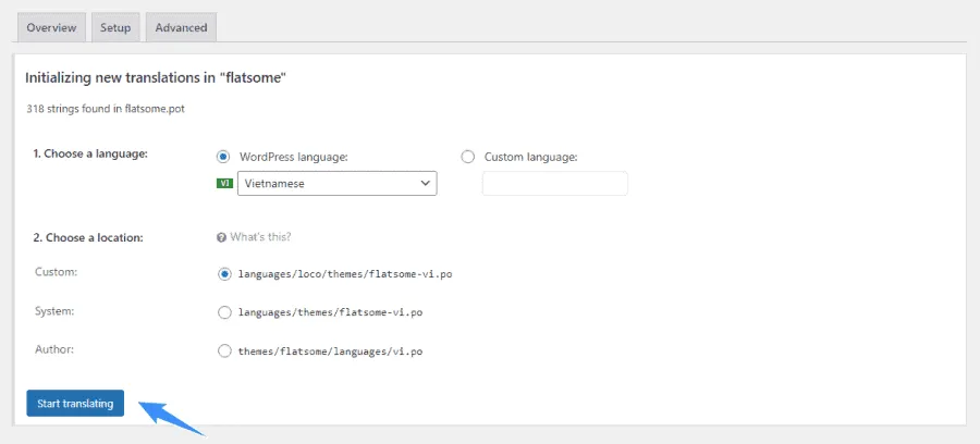 Hướng dẫn sử dụng theme Flatsome chi tiết nhất từ A-Z 38 Tạo ngôn ngữ mới là Tiếng Việt, chọn vị trí lưu là Custom