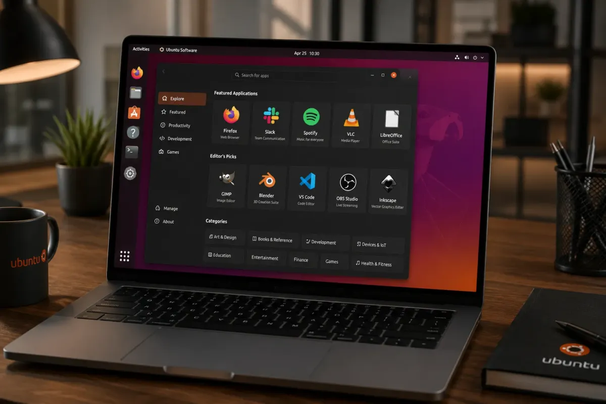 Hướng dẫn cài đặt phần mềm trên Ubuntu chi tiết từ cơ bản đến nâng cao 6 A professional workspace with a sleek laptop displaying the Ubuntu Software Center interface, showcasing a variety of colorful app icons, photorealistic style, high quality.